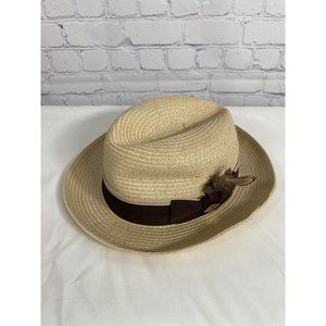The Original Stacy Adams Beige Brown Band Feather Accent Woven Fedora One Size